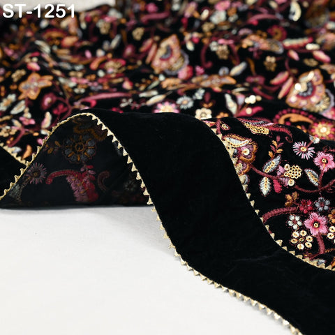 Embroidered Velvet Shawl Dupatta – Black Designer Velvet Wrap with Sequin Floral Border for Wedding, Bridal, Partywear