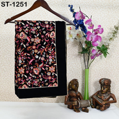 Embroidered Velvet Shawl Dupatta – Black Designer Velvet Wrap with Sequin Floral Border for Wedding, Bridal, Partywear