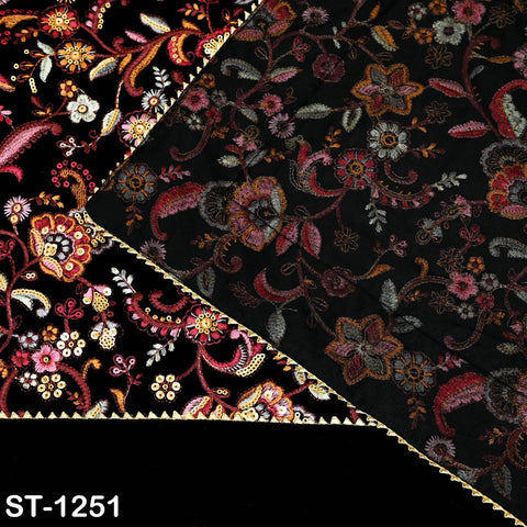 Embroidered Velvet Shawl Dupatta – Black Designer Velvet Wrap with Sequin Floral Border for Wedding, Bridal, Partywear
