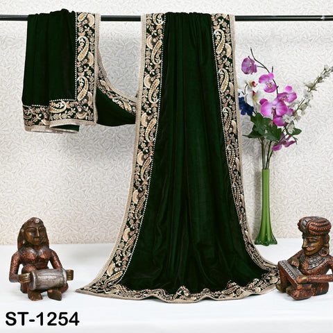 Full view of green velvet shawl draped to show fabric and border design