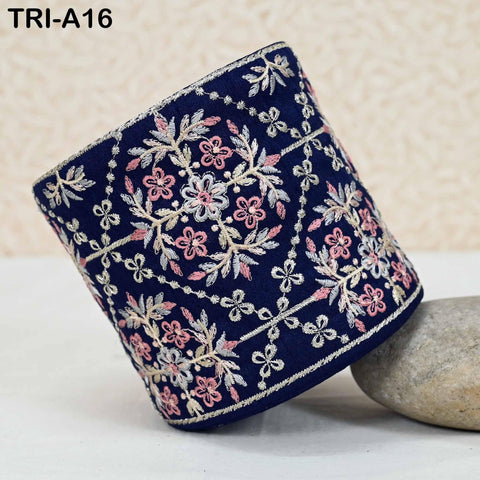 9 Yard Navy Blue Embroidered 10cm Trim Indian Embroidery Ribbons Laces | Sari Border Saree | DIY Crafting Beach Bag Decorative Trimmings