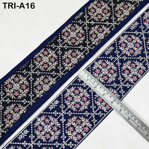 9 Yard Navy Blue Embroidered 10cm Trim Indian Embroidery Ribbons Laces | Sari Border Saree | DIY Crafting Beach Bag Decorative Trimmings