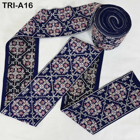 9 Yard Navy Blue Embroidered 10cm Trim Indian Embroidery Ribbons Laces | Sari Border Saree | DIY Crafting Beach Bag Decorative Trimmings