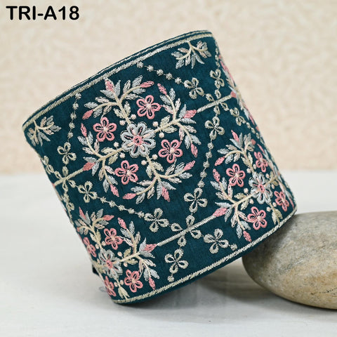 9 Yard Teal Blue Embroidered 10cm Trim Indian Embroidery Ribbons Laces | Sari Border Saree | DIY Crafting Beach Bag Decorative Trimmings