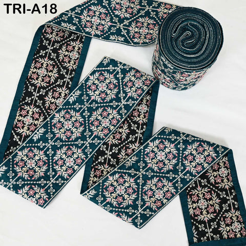 9 Yard Teal Blue Embroidered 10cm Trim Indian Embroidery Ribbons Laces | Sari Border Saree | DIY Crafting Beach Bag Decorative Trimmings