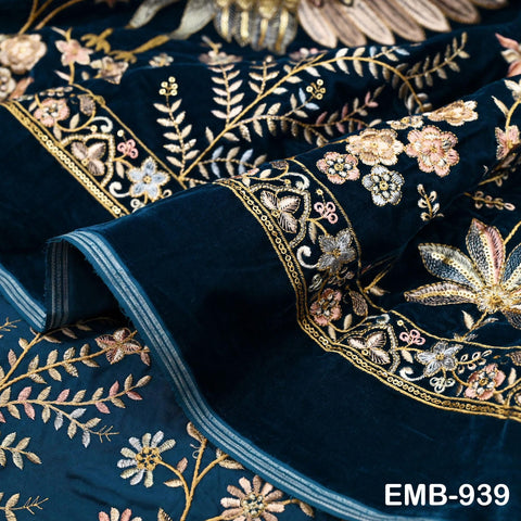 55 inches Blue Indian Embroidered Velvet Fabric by the yard Sewing Crafting Wedding Dresses Theatrical Costumes Longline Jackets Waistcoats