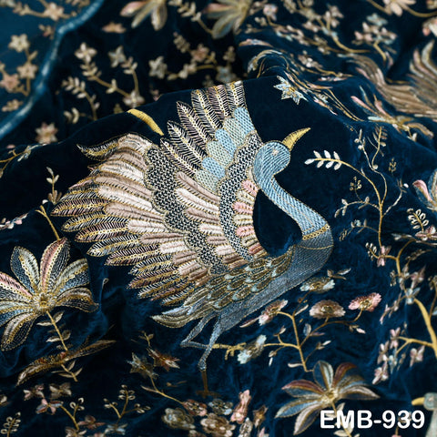 55 inches Blue Indian Embroidered Velvet Fabric by the yard Sewing Crafting Wedding Dresses Theatrical Costumes Longline Jackets Waistcoats