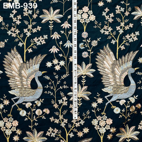 55 inches Blue Indian Embroidered Velvet Fabric by the yard Sewing Crafting Wedding Dresses Theatrical Costumes Longline Jackets Waistcoats