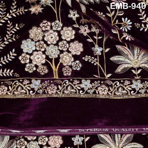 55 inches Wine Indian Embroidered Velvet Fabric by the yard Sewing Crafting Wedding Dresses Theatrical Costumes Longline Jackets Waistcoats