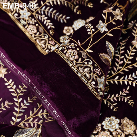 55 inches Wine Indian Embroidered Velvet Fabric by the yard Sewing Crafting Wedding Dresses Theatrical Costumes Longline Jackets Waistcoats