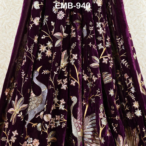 55 inches Wine Indian Embroidered Velvet Fabric by the yard Sewing Crafting Wedding Dresses Theatrical Costumes Longline Jackets Waistcoats