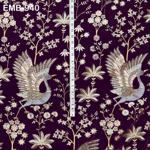 55 inches Wine Indian Embroidered Velvet Fabric by the yard Sewing Crafting Wedding Dresses Theatrical Costumes Longline Jackets Waistcoats