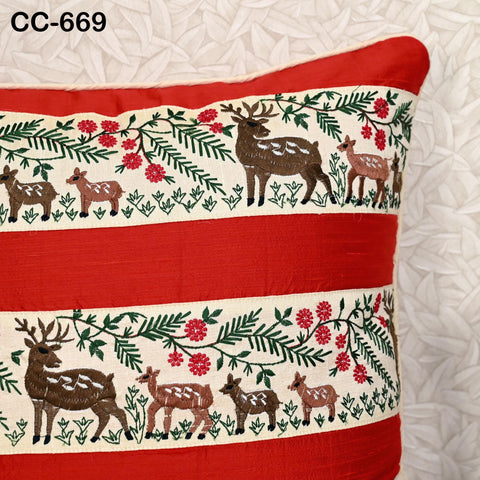Christmas Reindeer Dupioni Silk Cushion Cover – Red & Gold Holiday Decor | Festive Throw Pillow | Handmade by Hathkargaha