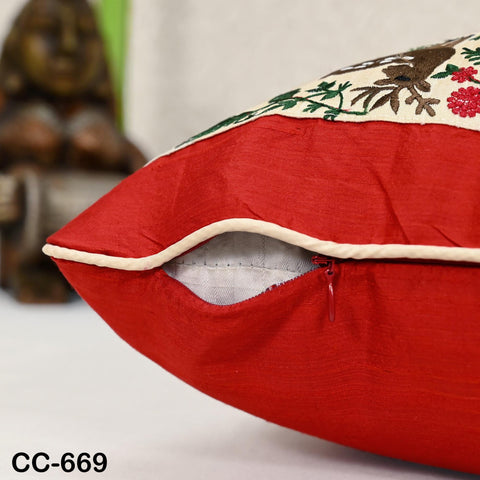 Christmas Reindeer Dupioni Silk Cushion Cover – Red & Gold Holiday Decor | Festive Throw Pillow | Handmade by Hathkargaha