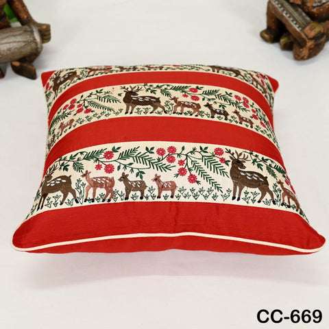 Christmas Reindeer Dupioni Silk Cushion Cover – Red & Gold Holiday Decor | Festive Throw Pillow | Handmade by Hathkargaha