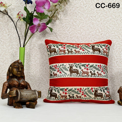Christmas Reindeer Dupioni Silk Cushion Cover – Red & Gold Holiday Decor | Festive Throw Pillow | Handmade by Hathkargaha