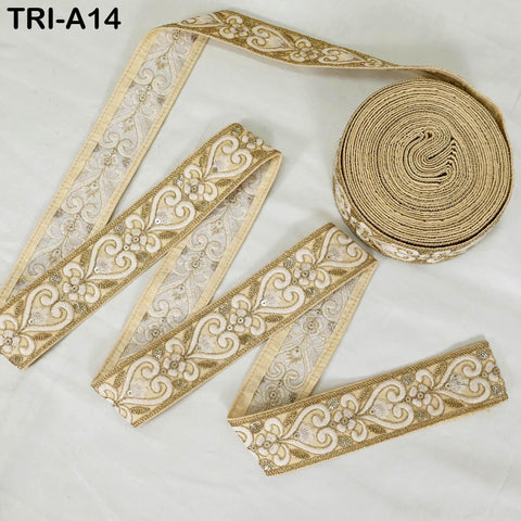9 Yard Beige Indian Ribbon 45 mm Trim Costume Sari Border DIY Craft Sewing Embroidered Decorative Costumes Home Decor Trimming Junk Journals