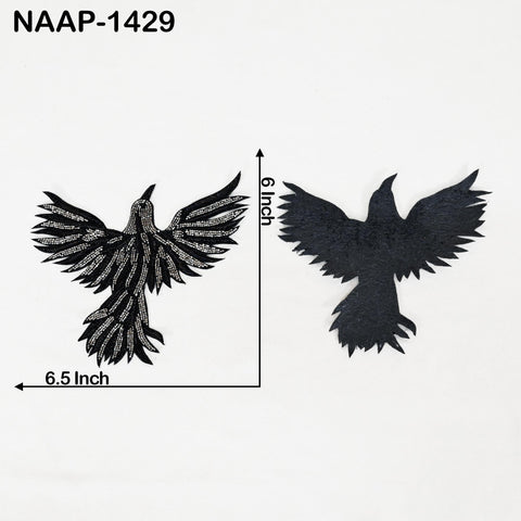 Embroidered Flying Bird Appliqués (2 Pair): Black Zari Thread, Beaded Indian Patches (6 Inch)