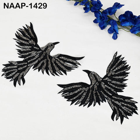 Embroidered Flying Bird Appliqués (2 Pair): Black Zari Thread, Beaded Indian Patches (6 Inch)