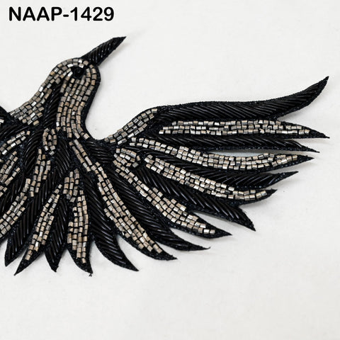 Embroidered Flying Bird Appliqués (2 Pair): Black Zari Thread, Beaded Indian Patches (6 Inch)
