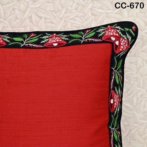 Red Dupioni Silk Cushion Cover: Christmas Bell Embroidered Pillow