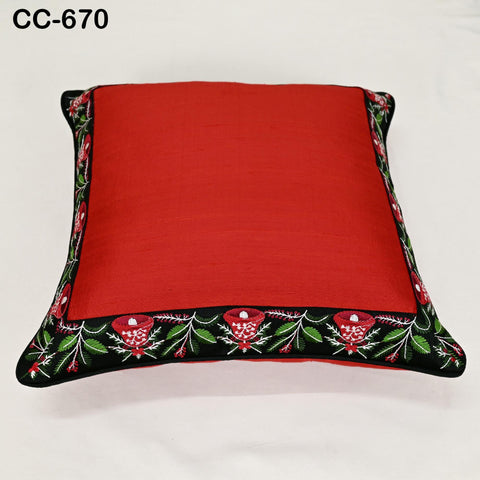 Red Dupioni Silk Cushion Cover: Christmas Bell Embroidered Pillow