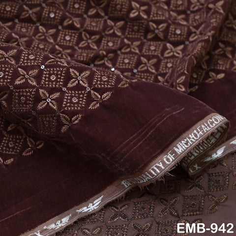 Brown Indian Embroidered Velvet Fabric by the yard Sewing DIY Crafting Wedding Shift Dresses Theatrical Costumes Longline Jackets Waistcoats