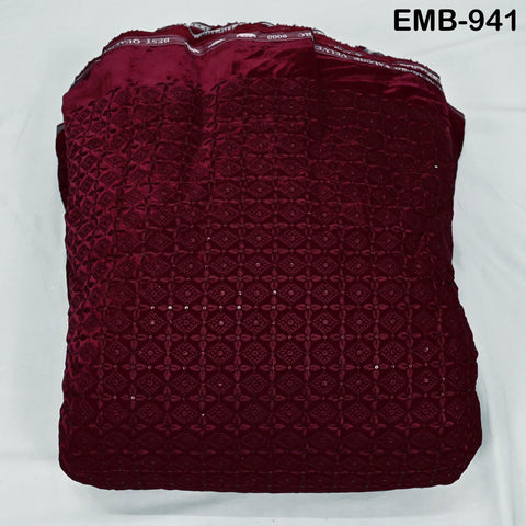 Maroon Indian Embroidered Velvet Fabric by the yard Sewing DIY Crafting Wedding Shift Dresses Theatrical Costumes Longline Jackets Waistcoat