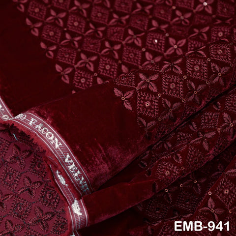 Maroon Indian Embroidered Velvet Fabric by the yard Sewing DIY Crafting Wedding Shift Dresses Theatrical Costumes Longline Jackets Waistcoat