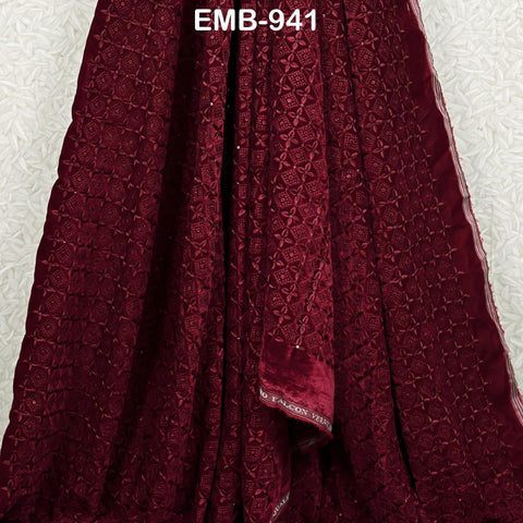 Maroon Indian Embroidered Velvet Fabric by the yard Sewing DIY Crafting Wedding Shift Dresses Theatrical Costumes Longline Jackets Waistcoat