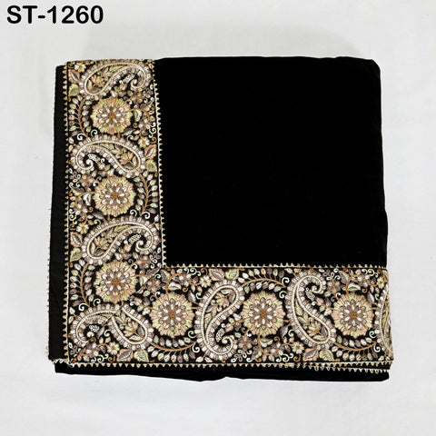 Black Velvet Shawl Dupatta – Embroidered Floral Border Wrap for Bridal, Partywear & Groom Sherwani