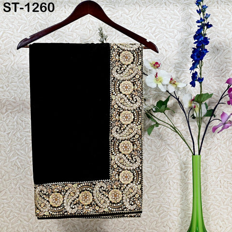 Black Velvet Shawl Dupatta – Embroidered Floral Border Wrap for Bridal, Partywear & Groom Sherwani