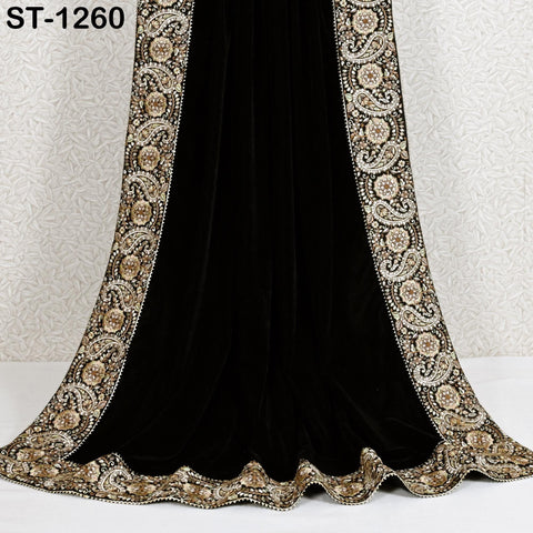 Black Velvet Shawl Dupatta – Embroidered Floral Border Wrap for Bridal, Partywear & Groom Sherwani