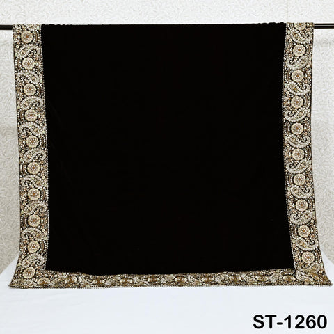 Black Velvet Shawl Dupatta – Embroidered Floral Border Wrap for Bridal, Partywear & Groom Sherwani
