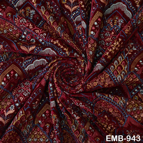 Maroon Indian Embroidered Velvet Fabric by the yard Sewing Crafting Wedding Dress Costumes Doll Bags Cushion Covers Table Runner Quilting