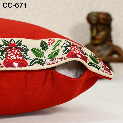 Red & Ivory Dupioni Silk Cushion Cover – Christmas Bell Holiday Decor | Festive Throw Pillow | Handmade by Hathkargaha