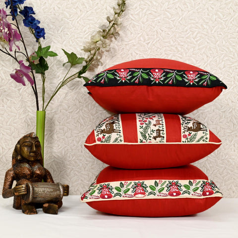 Red & Ivory Dupioni Silk Cushion Cover – Christmas Bell Holiday Decor | Festive Throw Pillow | Handmade by Hathkargaha