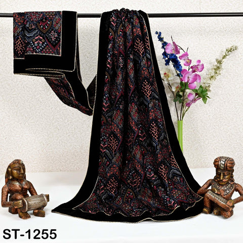 Embroidered Velvet Shawl Dupatta – Black Designer Velvet Wrap with Sequin Floral Border for Wedding, Bridal, Partywear
