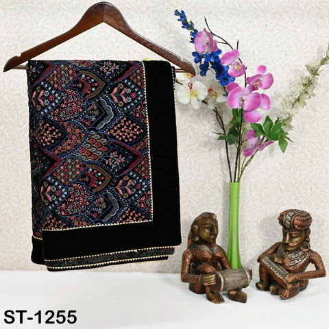 Embroidered Velvet Shawl Dupatta – Black Designer Velvet Wrap with Sequin Floral Border for Wedding, Bridal, Partywear