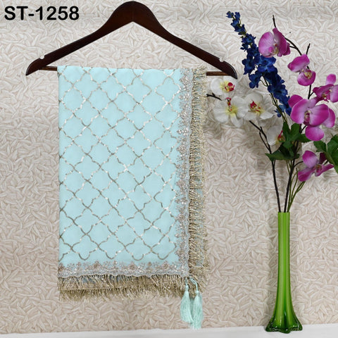 Ice Blue Georgette Dupatta for Women, Bridal Wedding lehenga Heavy Chunni Veil Sequin Scarf, Indian Ethnic Dress Costume Bridesmaid's Gift