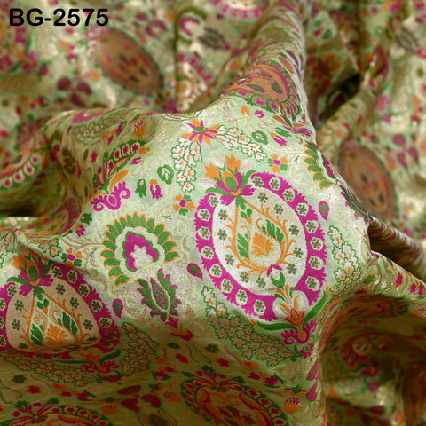 Indian Green Brocade Fabric Banarasi by Yard Bridal Wedding Dress Varanasi Blended Silk Crafting Sewing Lehenga Drapery Blouses Home Decor