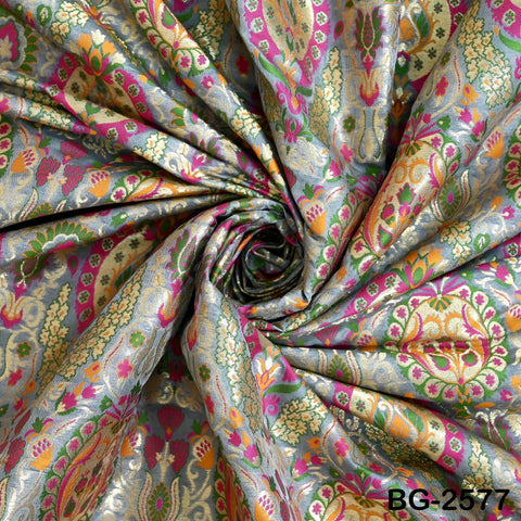 Grey Brocade Fabric by the Yard Historic Costume Indian Banarasi Wedding Dresses Material Knee Length Coat Sewing Upholstery Drapery