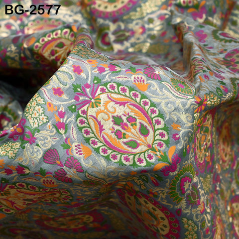 Grey Brocade Fabric by the Yard Historic Costume Indian Banarasi Wedding Dresses Material Knee Length Coat Sewing Upholstery Drapery