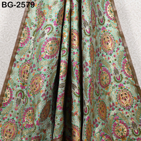 Sea Green Brocade Fabric by the Yard Historic Costume Indian Banarasi Wedding Dresses Material Knee Length Coat Sewing Upholstery Drapery