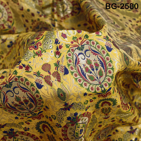 Yellow Brocade Fabric by the Yard Historic Costume Indian Banarasi Wedding Dresses Material Knee Length Coat Sewing Upholstery Drapery