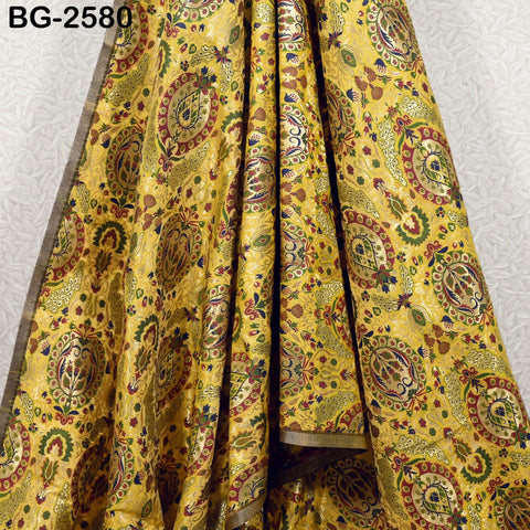Yellow Brocade Fabric by the Yard Historic Costume Indian Banarasi Wedding Dresses Material Knee Length Coat Sewing Upholstery Drapery
