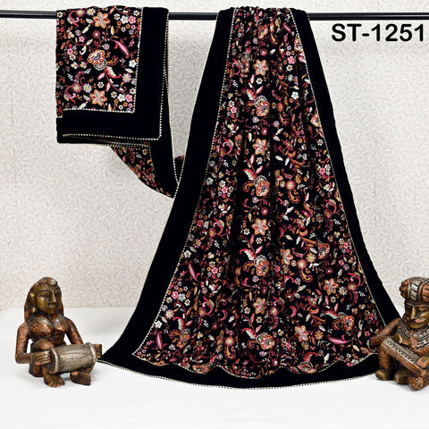Embroidered Velvet Shawl Dupatta – Black Designer Velvet Wrap with Sequin Floral Border for Wedding, Bridal, Partywear