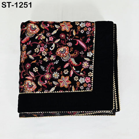 Embroidered Velvet Shawl Dupatta – Black Designer Velvet Wrap with Sequin Floral Border for Wedding, Bridal, Partywear