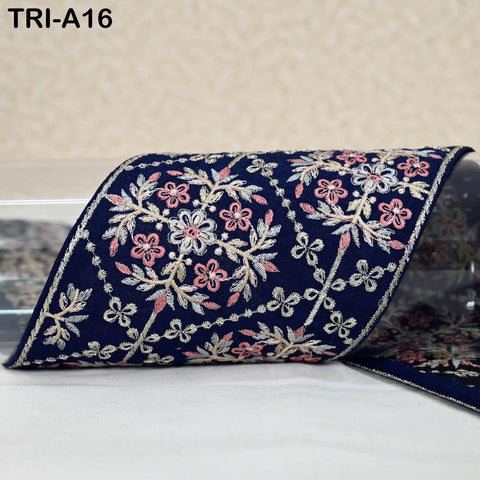 9 Yard Navy Blue Embroidered 10cm Trim Indian Embroidery Ribbons Laces | Sari Border Saree | DIY Crafting Beach Bag Decorative Trimmings