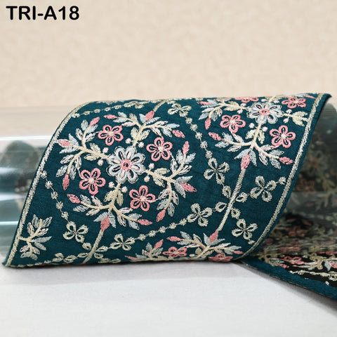 9 Yard Teal Blue Embroidered 10cm Trim Indian Embroidery Ribbons Laces | Sari Border Saree | DIY Crafting Beach Bag Decorative Trimmings